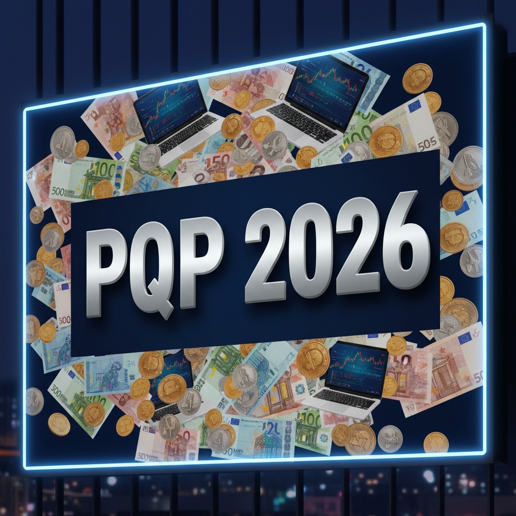 Un cartel iluminado con neón azul muestra en el centro el texto en relieve plateado "PQP 2026" sobre un fondo de billetes, monedas y ordenadores portátiles con gráficos bursátiles.